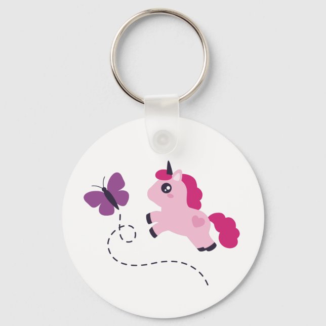 Cute Pink Unicorn with a Butterfly Key Ring (Front)
