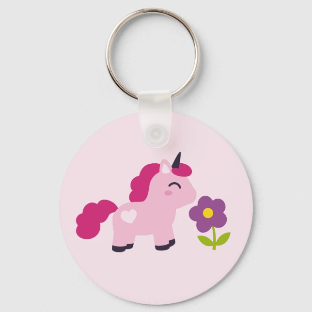 Cute Pink Unicorn with a Flower Key Ring (Front)