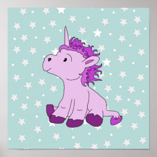 Cute Pink Unicorn with Stars Girl Nursery Poster