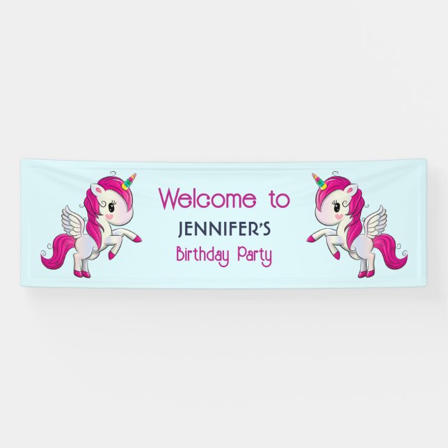 Cute Pink Unicorn with Wings Birthday Banner (Horizontal)