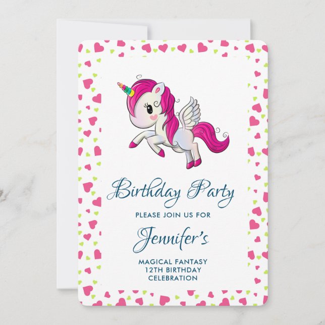 Cute Pink Unicorn with Wings Birthday Invitation (Front)