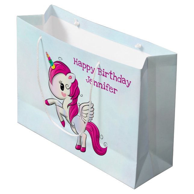 Cute Pink Unicorn with Wings Large Gift Bag (Front Angled)