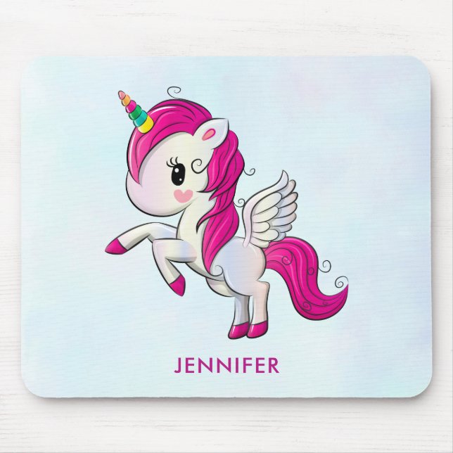 Cute Pink Unicorn with Wings Mouse Pad (Front)