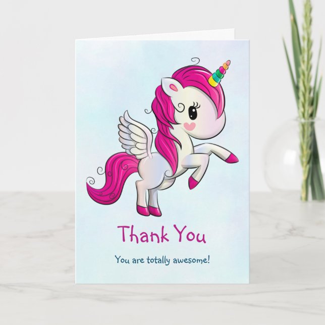 Cute Pink Unicorn with Wings Thank You Card (Front)