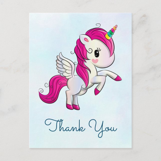 Cute Pink Unicorn with Wings Thank You Postcard (Front)