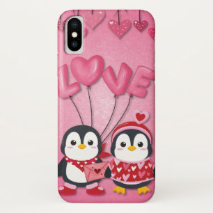 Cute Pink Valentine's Day Love Bird Penguins iPhone X Case