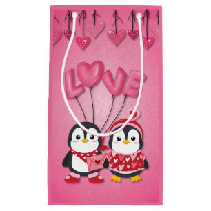 Cute Pink Valentine's Day Love Bird Penguins Small Gift Bag