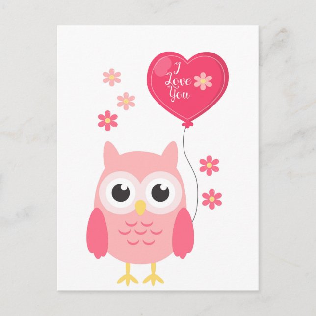 Cute Pink Valentines Owl I Love You Holiday Postcard (Front)