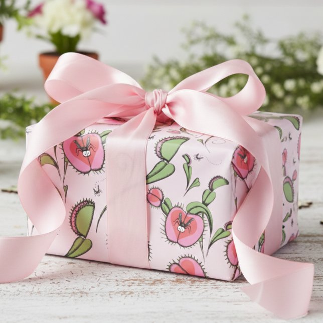 Cute Pink Venus Flytrap Stuck on Your Love Wrapping Paper (Fun Cute Modern Pink & Green Botanical Venus Flytrap Plants Whimsical Kids Birthday Wrapping Paper)