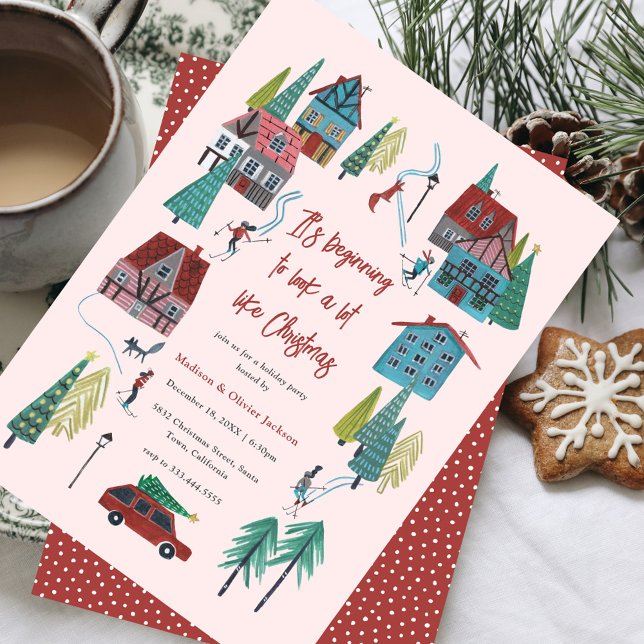 Cute Pink Village Christmas Party Invitation (Cute Pink Village Christmas Party Invitation)