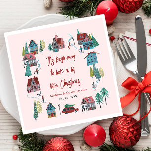 Cute Pink Village Christmas Party Napkin