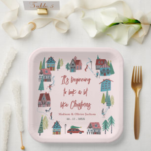 Cute Pink Village Christmas Party Paper Plate