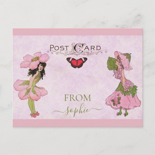 Cute Pink Vintage Flower Fairy Postcard (Front)