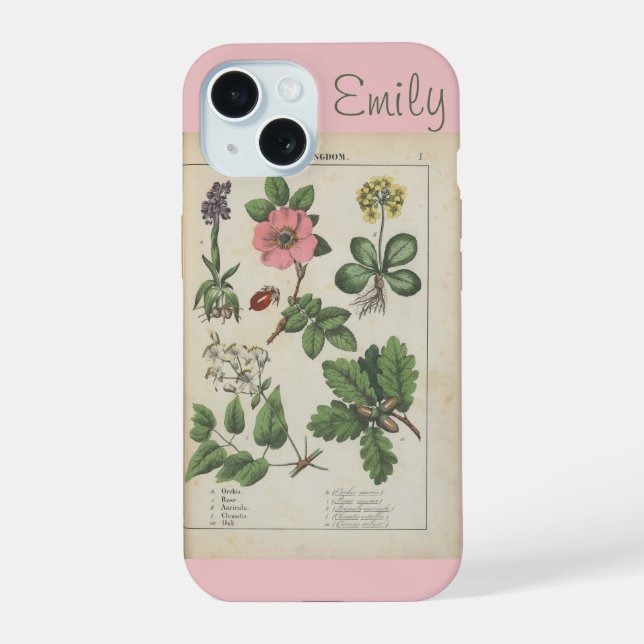 Cute Pink Vintage Wildflower Personalised iPhone 15 Case (Back)