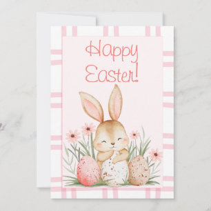 Cute Pink Watercolor Bunny and Easter Eggs Holiday Card