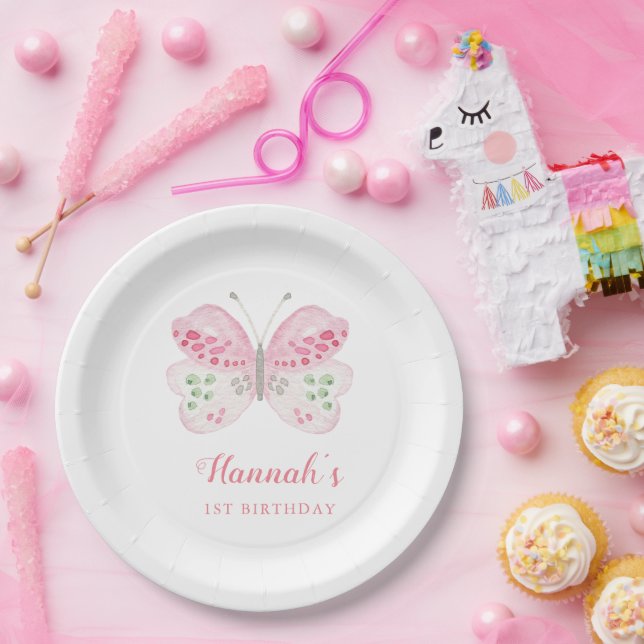 Cute Pink Watercolor Butterfly 1st Birthday Party Paper Plate (Party)