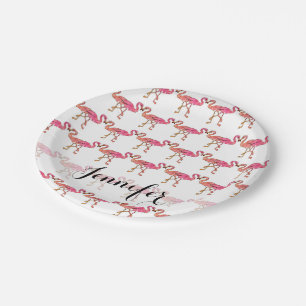 Cute Pink Watercolor Flamingos on White Monogram Paper Plate