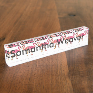 Cute Pink Watercolor Flamingos on White Nameplate