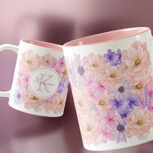 Cute pink watercolor flowers monogrammed for her Two-Tone coffee mug
