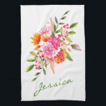 Cute Pink Watercolor Flowers Personalised Name Tea Towel<br><div class="desc">This beautiful kitchen towel features a colourful pink and orange watercolor floral bouquet. Personalise it with your name in a stylish script typography. Great gift idea.</div>