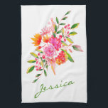Cute Pink Watercolor Flowers Personalised Name Tea Towel<br><div class="desc">This beautiful kitchen towel features a colourful pink and orange watercolor floral bouquet. Personalise it with your name in a stylish script typography. Great gift idea.</div>
