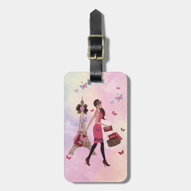 Cute Pink Watercolor Girl Paris Eiffel Tower Luggage Tag (Front Vertical)