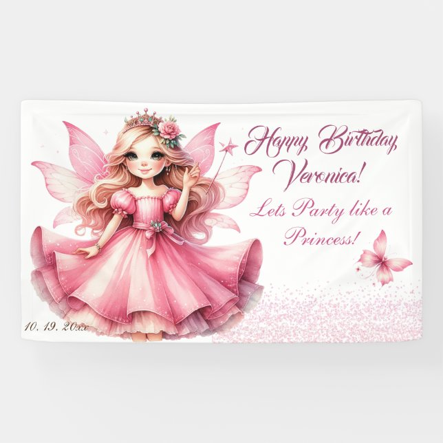 Cute pink watercolor girly castle fairy princess banner (Horizontal)