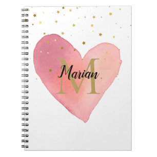 Cute Pink Watercolor Heart Monogram Name Notebook