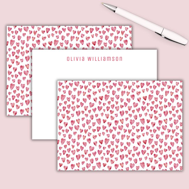 Cute Pink Watercolor Heart Pattern Personalised Card (Pink watercolor love heart personalized notecards)