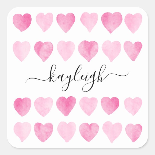 Cute Pink Watercolor Hearts Square Sticker (Front)