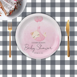  Cute pink watercolor kitten for baby girl Shower Paper Plate