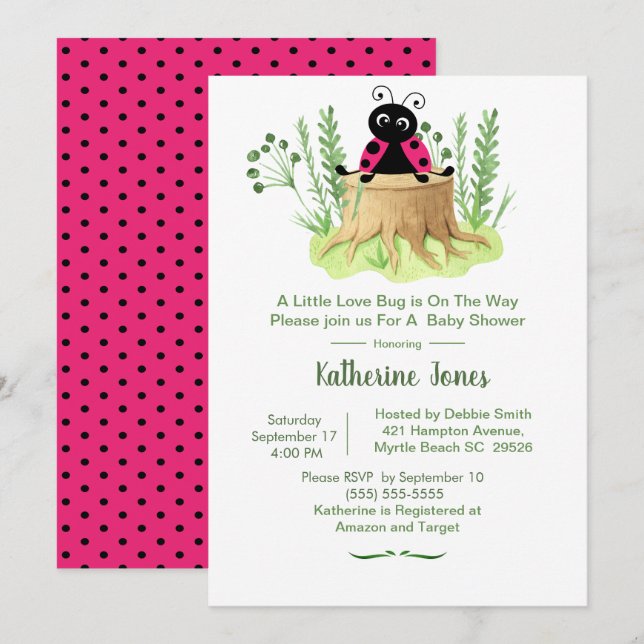 Cute Pink Watercolor Ladybug Girls Baby Shower   Invitation (Front/Back)
