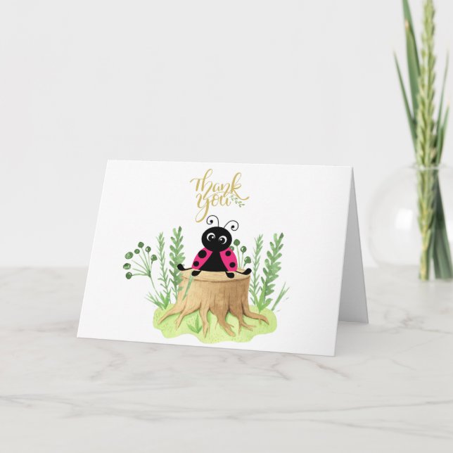 Cute Pink Watercolor Ladybug Thank You Note Card (Front)
