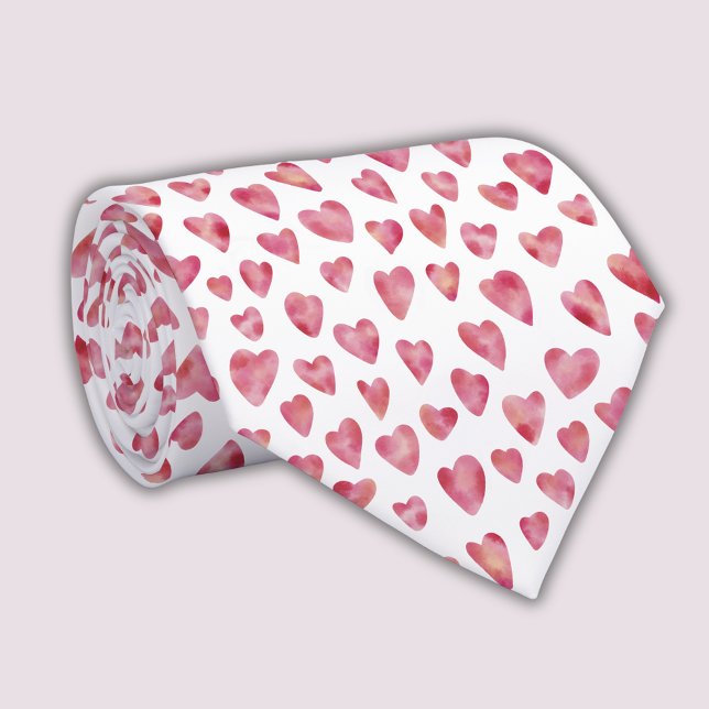 Cute Pink Watercolor Love Heart Pattern Tie (Pink love heart patterned neck tie. Unique novelty gift or wedding apparel accessories)