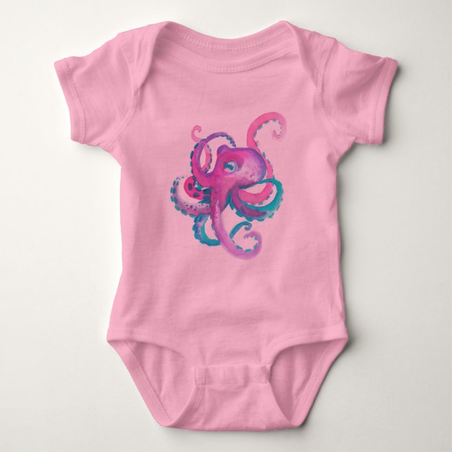 Cute Pink watercolor Octopus   Baby Bodysuit (Front)