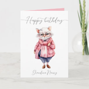 Cute Pink Watercolor Old Granny Cat Happy Birthday Card