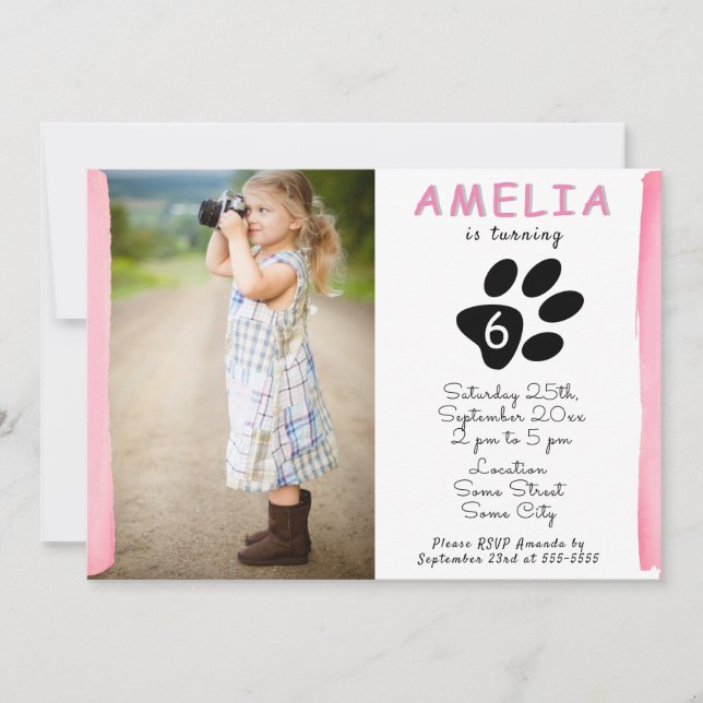 Cute Pink Watercolor Paw Photo Birthday Party Invitation (Front)