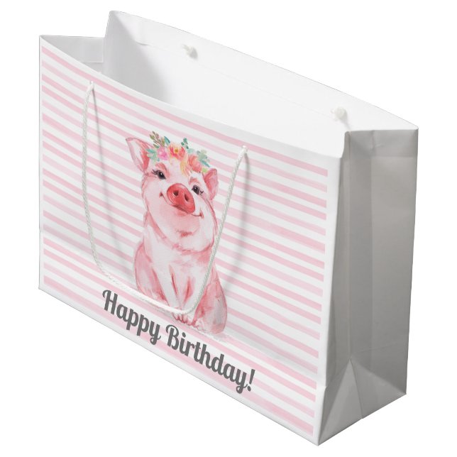 Cute Pink Watercolor Pig Birthday Large Gift Bag (Front Angled)
