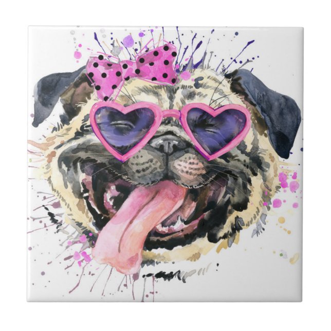 Cute Pink Watercolor Pug Ceramic Tile (Front)