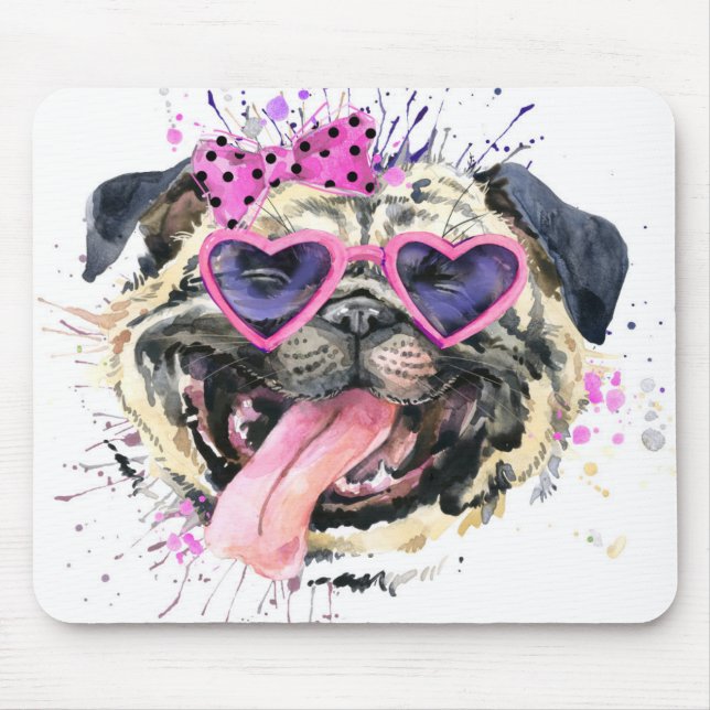 Cute Pink Watercolor Pug Mouse Pad (Front)