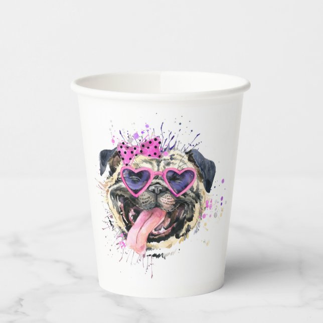 Cute Pink Watercolor Pug Paper Cups (Left)