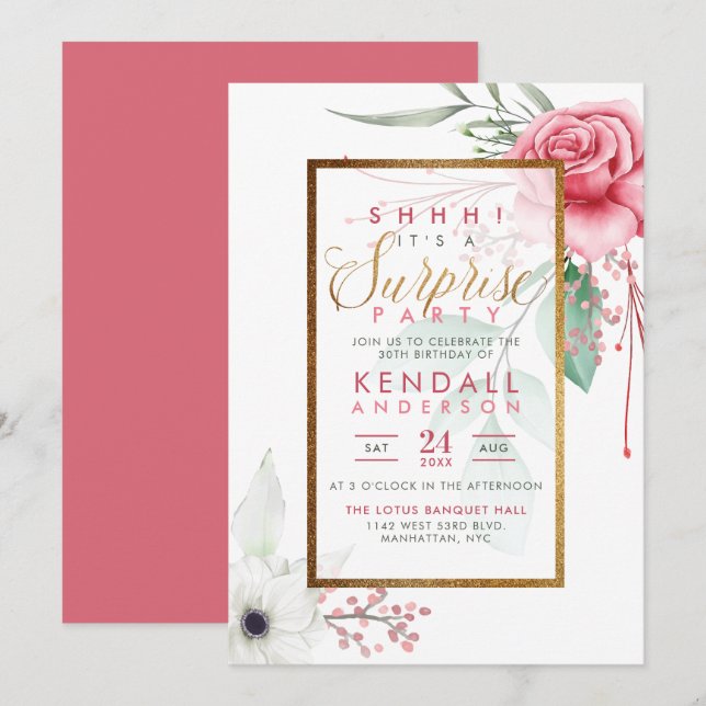 Cute Pink Watercolor Roses Floral Surprise Party Invitation (Front/Back)