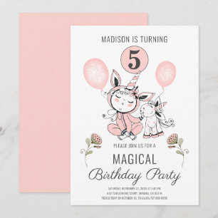 Cute Pink Watercolor Unicorn Girl's 5th Birthday   Invitation