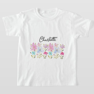Cute Pink Watercolor Wildflowers Monogrammed T-Shirt