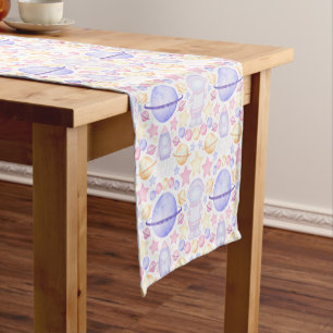 Cute Pink Watercolour Space Astronauts Birthday Short Table Runner