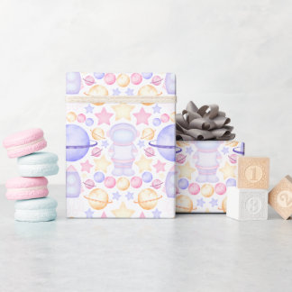 Cute Pink Watercolour Space Astronauts Birthday Wrapping Paper