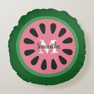 Cute Pink Watermelon Monogram Round Cushion