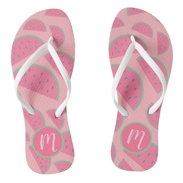 Cute Pink Watermelon Pattern Monogram Thongs (Footbed)