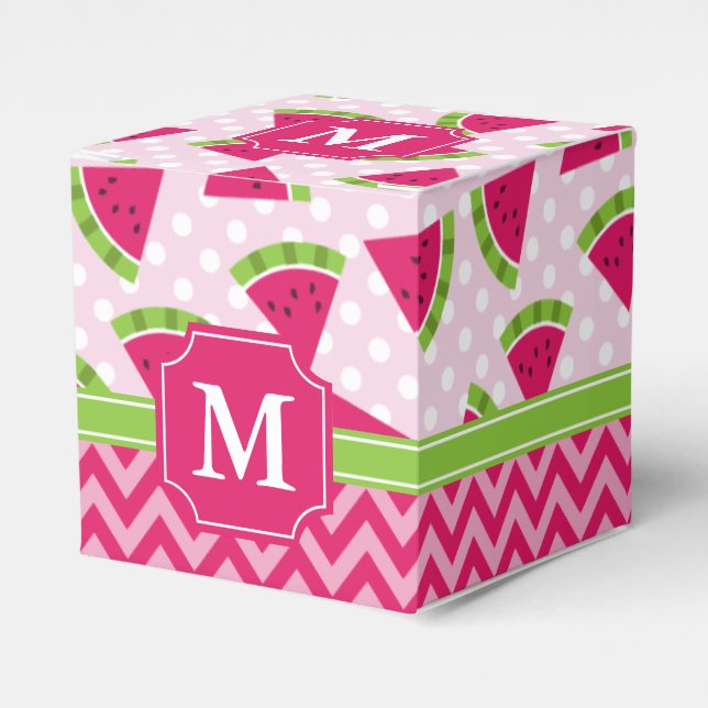 Cute Pink Watermelon Polka Dots Chevron Monogram Favour Box (Front Side)