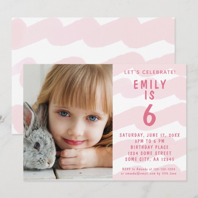 Cute Pink Wave Watercolor Girl Photo Birthday  Invitation (Front/Back)